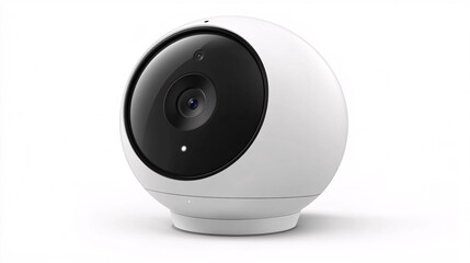 A modern white security camera with a spherical design, featuring a large lens for effective surveillance.