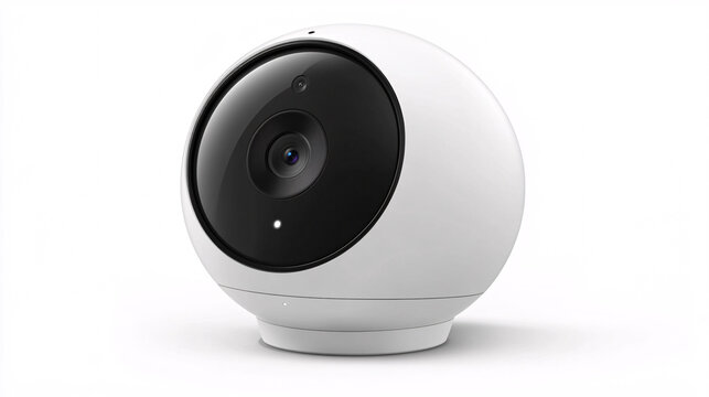 A modern white security camera with a spherical design, featuring a large lens for effective surveillance.