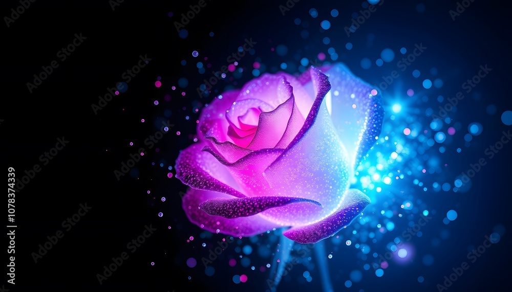 Poster a vigorously beautiful rose dissolving into particles with glowing effects: a stunning representatio
