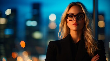 Obraz premium A confident woman in glasses is posed against a blurred city skyline, exuding professionalism and determination in a nighttime setting.