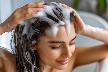 Naklejka premium Young woman washing her hair with shampoo, creating fluffy foam while enjoying a relaxing moment in the bathroom with closed eyes and a serene expression