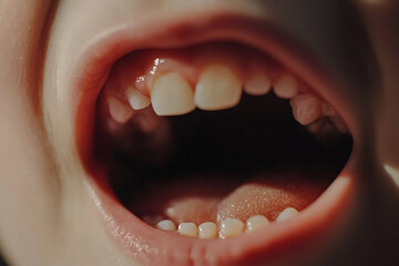 Close-up shot of an open child's mouth, highlighting two visible bacteria, creating a detailed focus on oral health 
