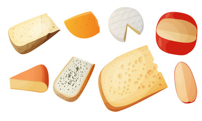 Cheese types. Cartoon cutted parmesan, brie triangle, gouda cheddar and feta slices. Tasty dairy food product. Cheese vector set, vector illustration design on white