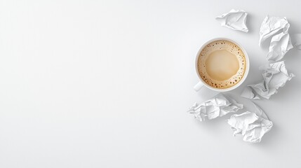 A minimalist composition featuring a coffee cup surrounded by crumpled paper on a light background, evoking a sense of creativity and contemplation.