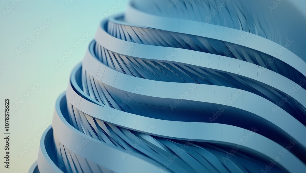 Poster close-up of curved surface design with geometric patterns and shades of blue in architectural struct
