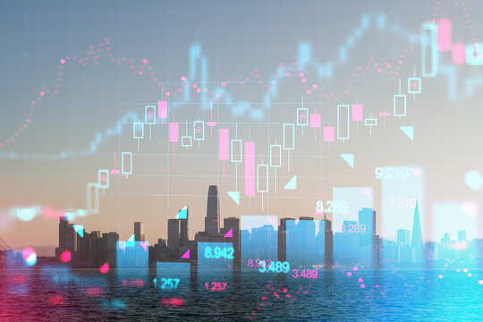 San Francisco city skyline with stock market graphs overlayed in financial concept.