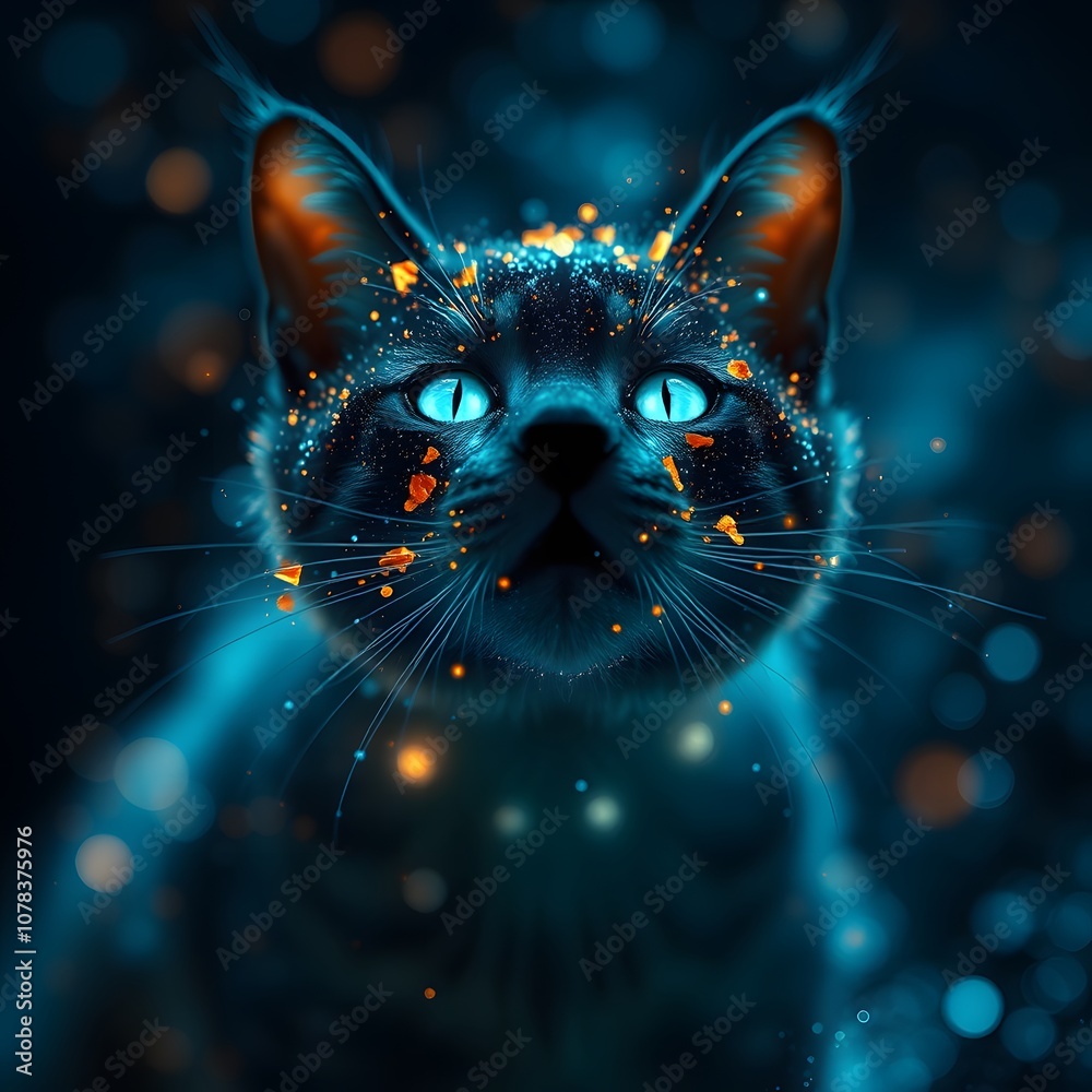 Poster a vigorous cat dissolving into particles with glowing effects suitable for fantasy and creative artw