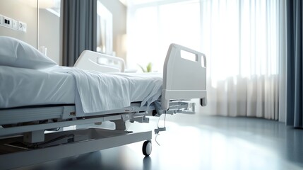 An empty hospital bed in a hospital room.