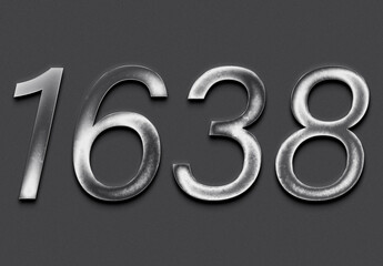 Chrome metal 3D number design of 1638 on grey background.