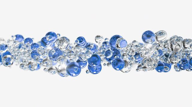 Blue cosmetic serum with liquid bubbles in a 3D abstract background. Hydrating essence gel enriched with collagen molecules. Moisturizing cream or oil for advanced skincare, beauty, and skin health.