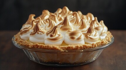 Close-Up of Lemon Meringue Pie with Golden Meringue Peaks in Clear Dish