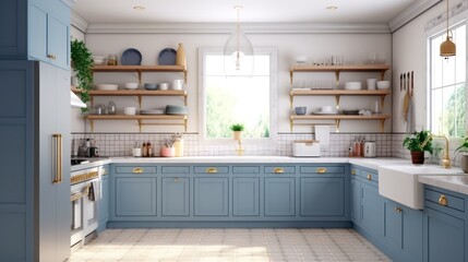 A modern kitchen with blue cabinets, gold hardware, and open shelves.