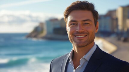 Charismatic smiling politician by the ocean, focus on professional and fitness appearance