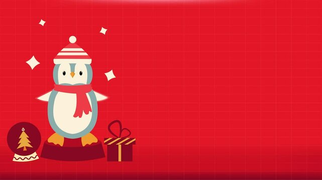 Christmas Youtube Thumbnail With Penguin And Gift. 4k Animation
