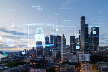 Seattle cityscape with digital security icons overlaying the skyline at dusk.