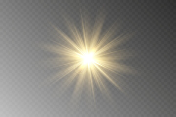Golden light, sunlight and dawn effect. Glare. An explosion on a transparent background. Sparkling particles of magic dust. A bright star. Transparent glowing sun, bright flash. Vector glitter
