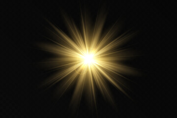 Golden light, sunlight and dawn effect. Glare. An explosion on a transparent background. Sparkling particles of magic dust. A bright star. Transparent glowing sun, bright flash. Vector glitter