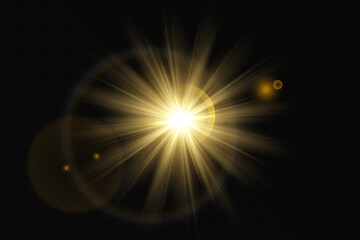 Golden light, sunlight and dawn effect. Glare. An explosion on a transparent background. Sparkling particles of magic dust. A bright star. Transparent glowing sun, bright flash. Vector glitter
