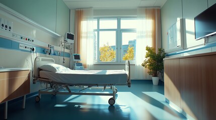 An empty hospital bed with white sheets in a hospital room with a large window.