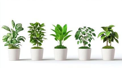 Realistic Collection of Green Plants in Pots: Modern Minimal Design 3D Vector Illustration