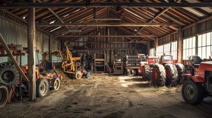 An old barn filled with farming equipment and tractors, with natural light streaming through the windows.