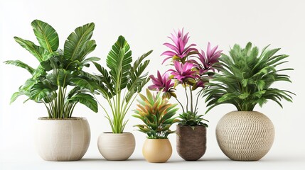 Obraz premium 3D Illustration of Tropical Dracaena, Sago Palm, Bougainvillea, and Elephant Ear in Pots on White Background