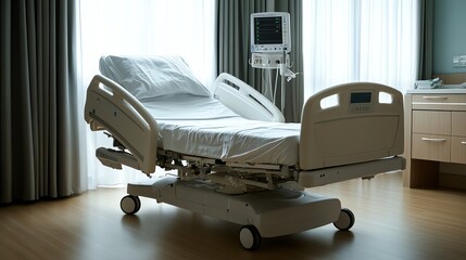 Fototapeta premium A hospital bed with white sheets is positioned in a room with a window.