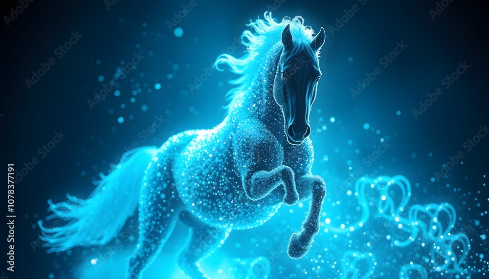 Poster A Vigorous Horse Dissolving and Disappearing in Particles with Glowing Effects, Perfect for Dynamic Visual Narratives in Art and Design