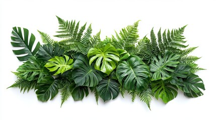 Tropical Lush Green Plant Arrangement: Monstera, Palm, Rubber Plant, Pine, and Fern on White Background