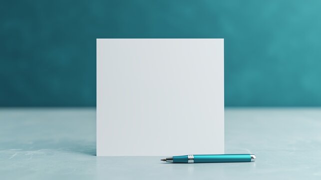 Blank white card and pen on a blue surface.