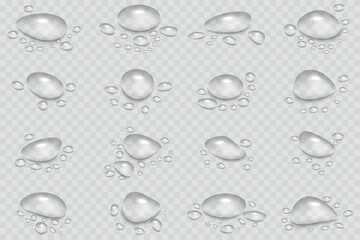 Rain water drops falling on transparent background. Wet, clear surface with bubbles on the surface. Realistic clear water, water drops for creative banner design