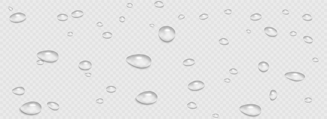 Rain water drops falling on transparent background. Wet, clear surface with bubbles on the surface. Realistic clear water, water drops for creative banner design