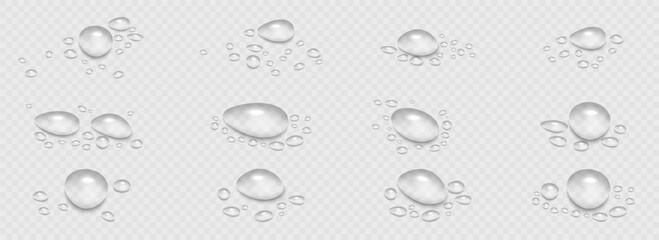 Rain water drops falling on transparent background. Wet, clear surface with bubbles on the surface. Realistic clear water, water drops for creative banner design