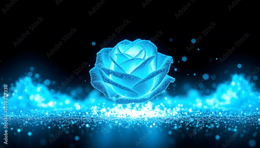 Poster a vibrant rose transforming into glowing particles, perfect for abstract artistic expressions and gr