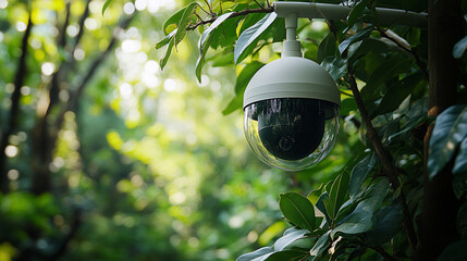 A security camera hangs from a branch amid lush greenery, showcasing modern surveillance technology in a natural setting.