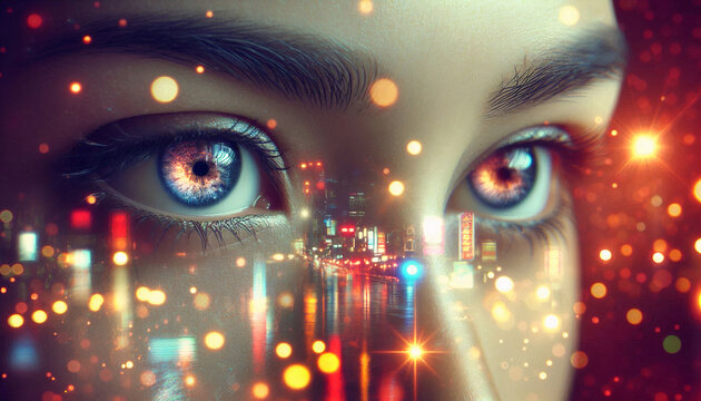 Close-up of a woman's eyes reflecting a cityscape at night, symbolizing urban dreams and the allure of metropolitan life