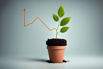 Seedling are growing from the rich soil with digital arrow graph. Concept of business growth, profit, development and success