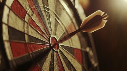 Dart hitting the bullseye with soft lighting and blurred background for dramatic effect.