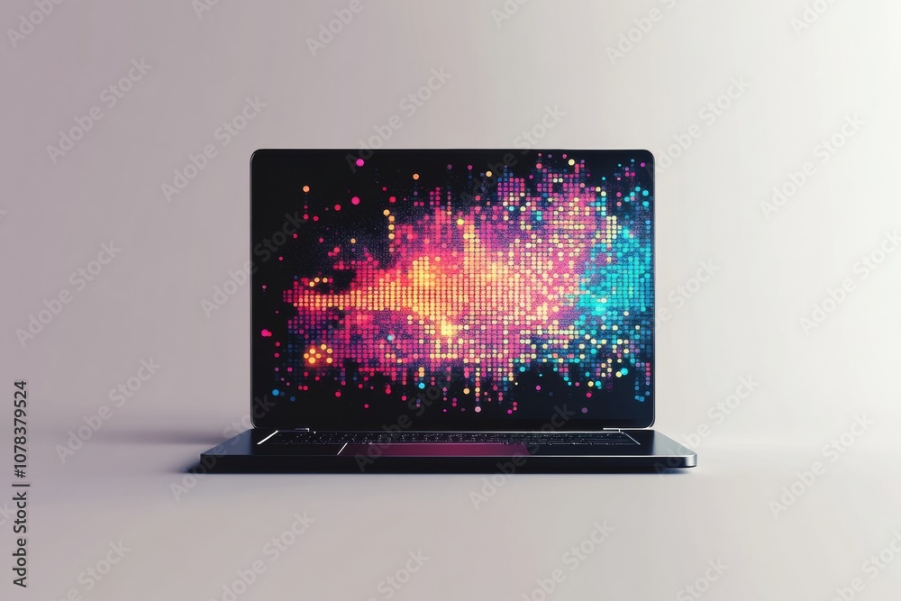 Poster a laptop features vibrant pixel art, enhancing a modern workspace with a splash of digital creativit