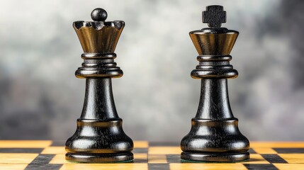 Black Chess Pieces on a Wooden Board with Dramatic Background, Symbolizing Strategy and Competition in Classic Board Game Play