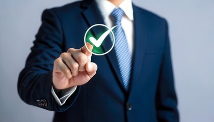 Businessman touching check icon to approve on virtual screen. Generated image