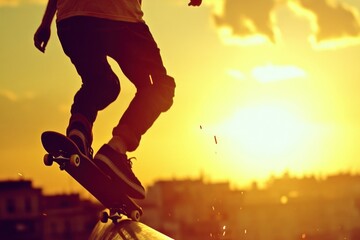 Silhouette of a skateboarder doing a trick at sunset.