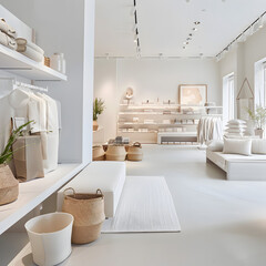 Contemporary concept store combining modern design with sustainable elements: neutral tones like white, light grey, and soft. 3D render.