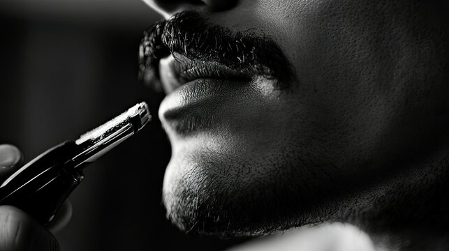 Detail of a man's mustache as he trims it with an electric shaver, showcasing the close precision of the shave.