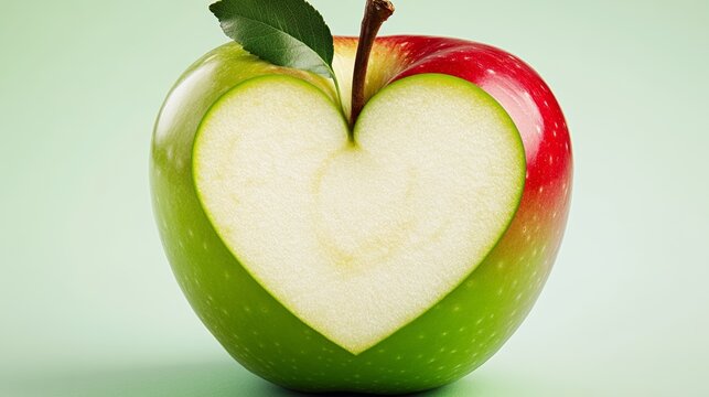 Green apple with a red stem and a heart cut out of it. The heart is surrounded by the green apple, making it look like a heart-shaped fruit