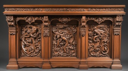 Intricately Carved Wooden Console Table with Ornate Relief Designs Featuring Mythical Creatures and Floral Patterns in Rich Dark Finish