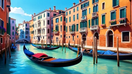 Obraz premium A vibrant, stylized illustration of Venice (Venezia), showcasing the iconic colorful houses along the Grand Canal. The scene captures the essence of Venice's charm with a traditional gondolas