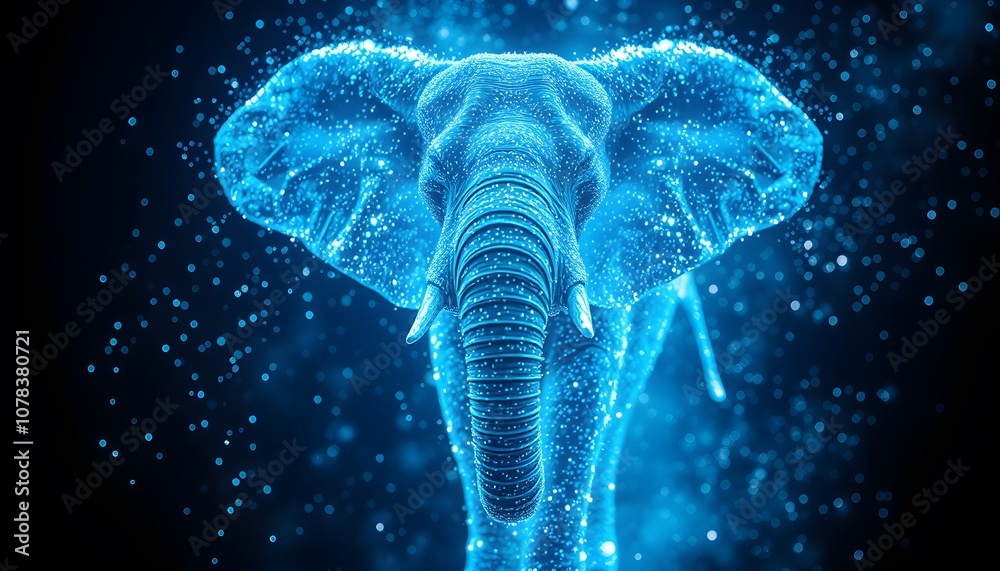 Poster A Vigorous Elephant Dissolving Into Particles with Glowing Effects – A Stunning Visual Metaphor for Change and Transformation