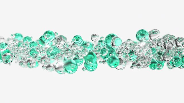 Turquoise cosmetic serum with liquid bubbles in a 3D abstract background. Hydrating essence gel enriched with collagen molecules. Moisturizing cream or oil for advanced skincare, beauty.