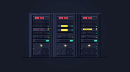 Multiple servers display blinking indicators against a dark background, showcasing active network operations during evening hours. Generative AI